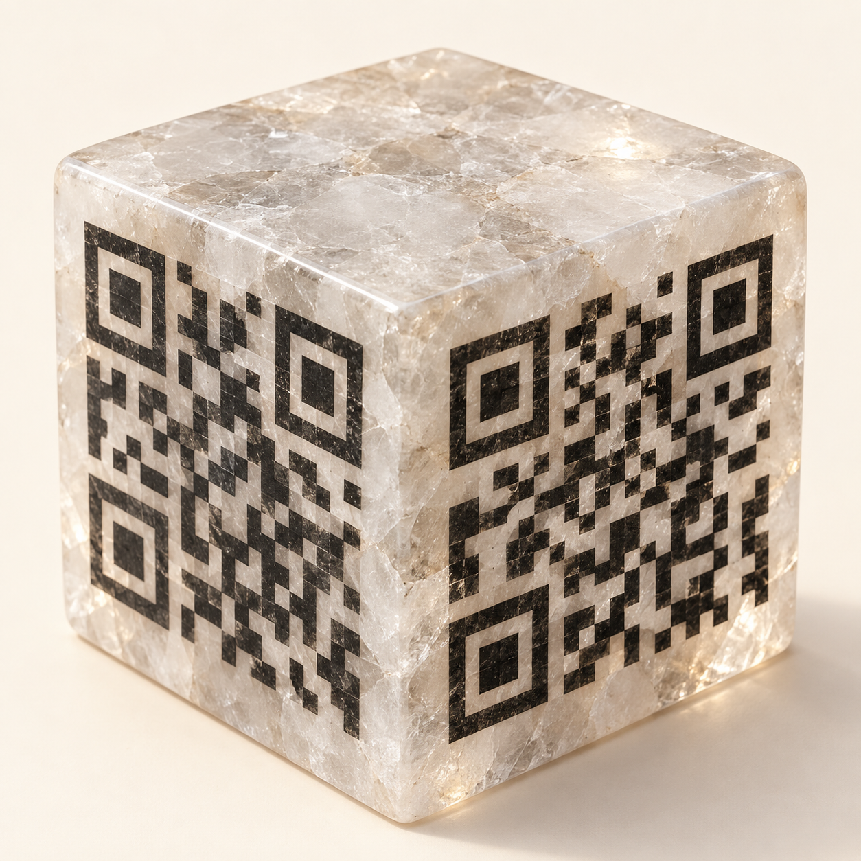 Cube de quartz translucide à motifs QR noirs, illustration non scannable